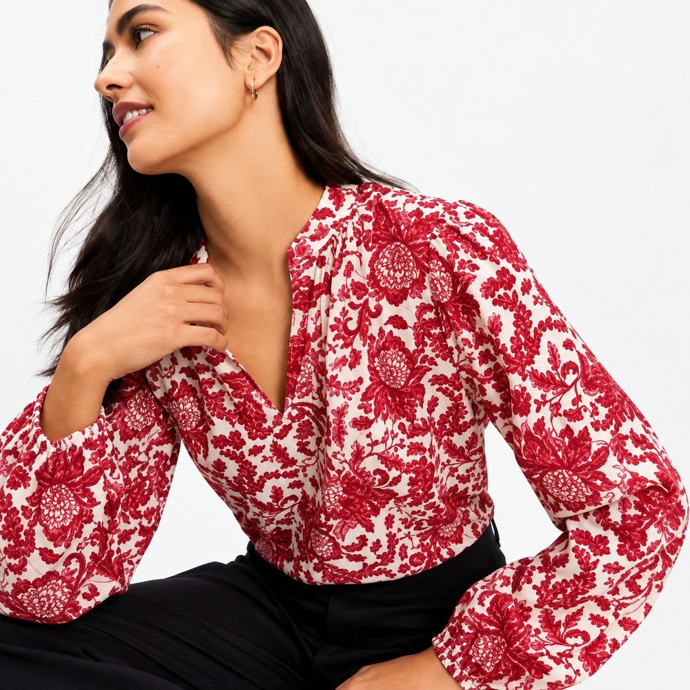 LOFT Red White Floral Cotton Lyocell Split Neck Long Sleeve Blouse Medium
